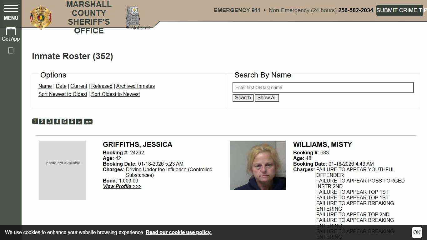 Inmate Roster | Marshall County Sheriff's Office | Sort Booking Time - Descending | Page 1