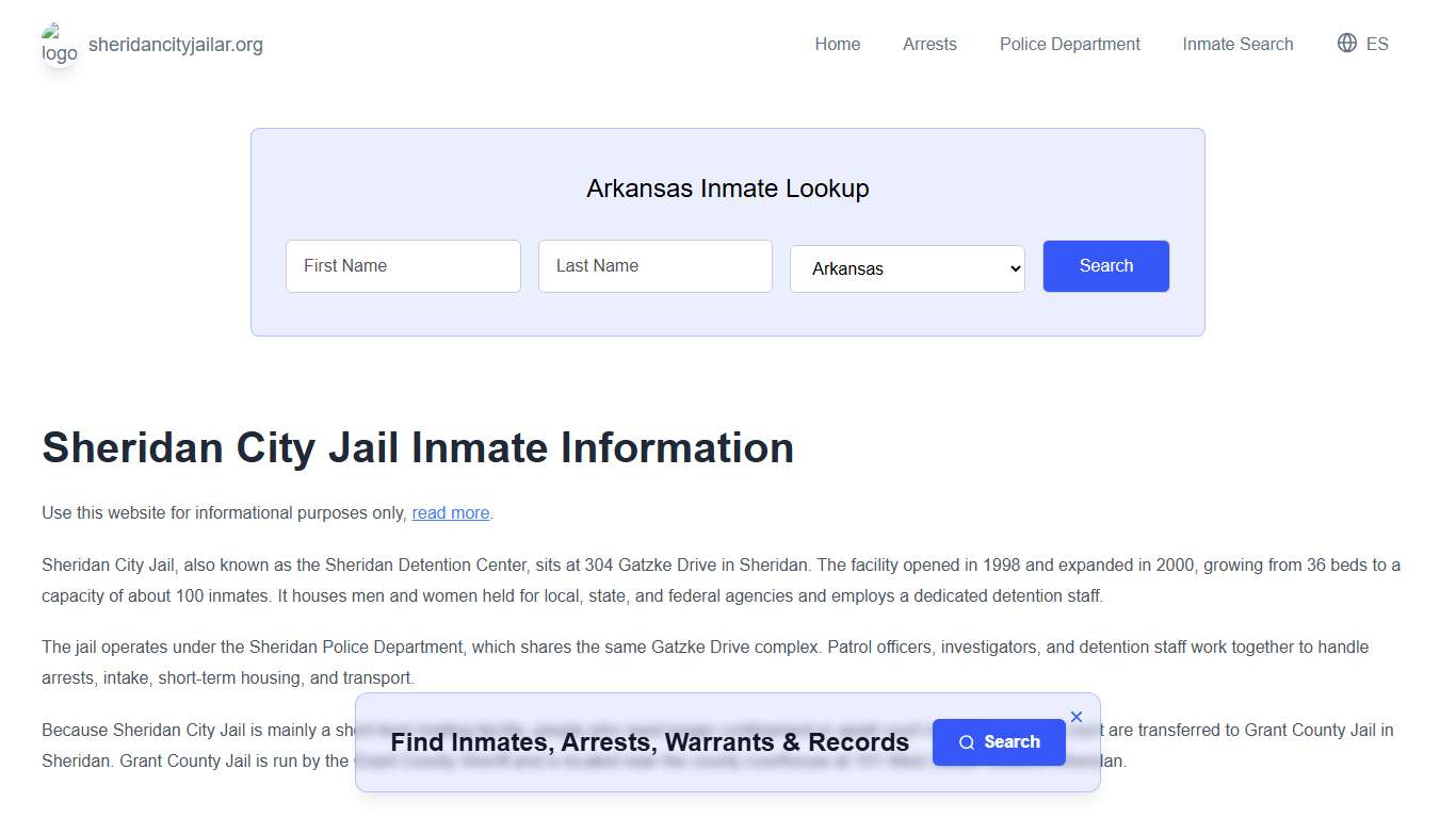 Sheridan Jail, AR Inmate Roster, Municipal Jail Info